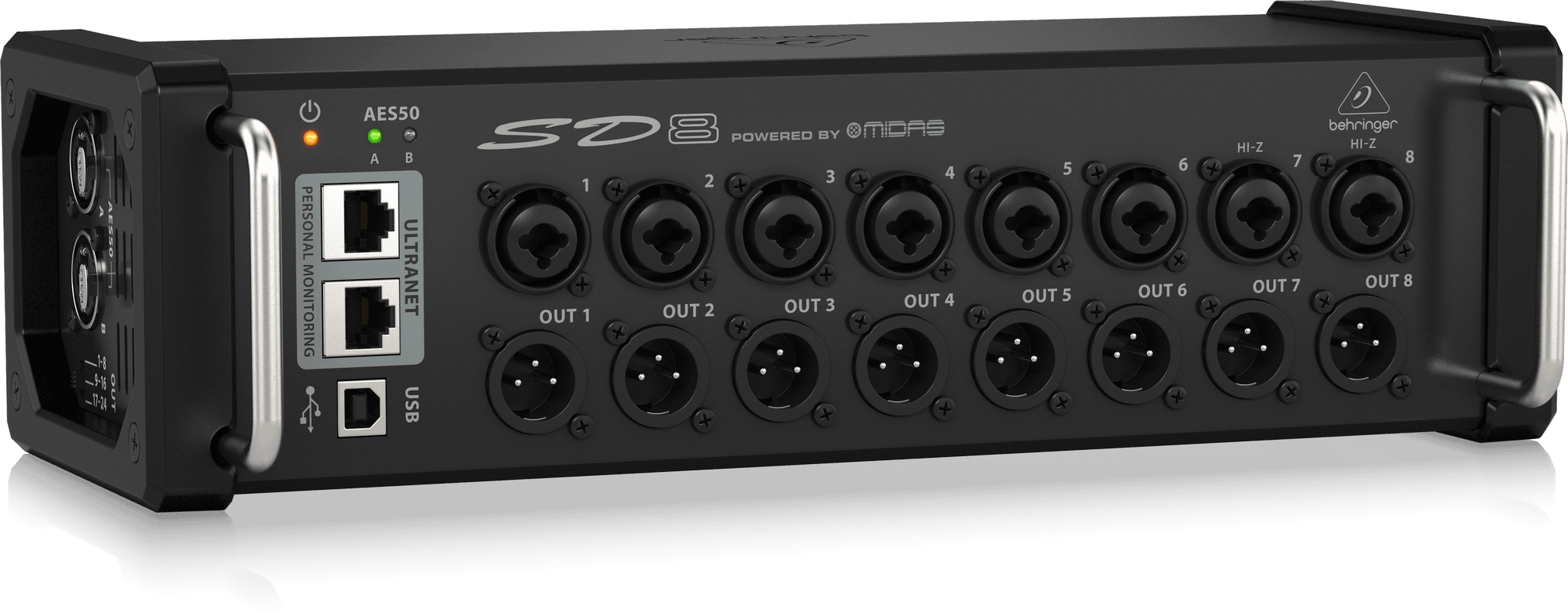 Behringer SD8 I/O Stage Box with 8 Remote-Controllable Midas Preamps, 8 Outputs, AES50 Networking and ULTRANET Personal Monitoring Hub | BEHRINGER , Zoso Music