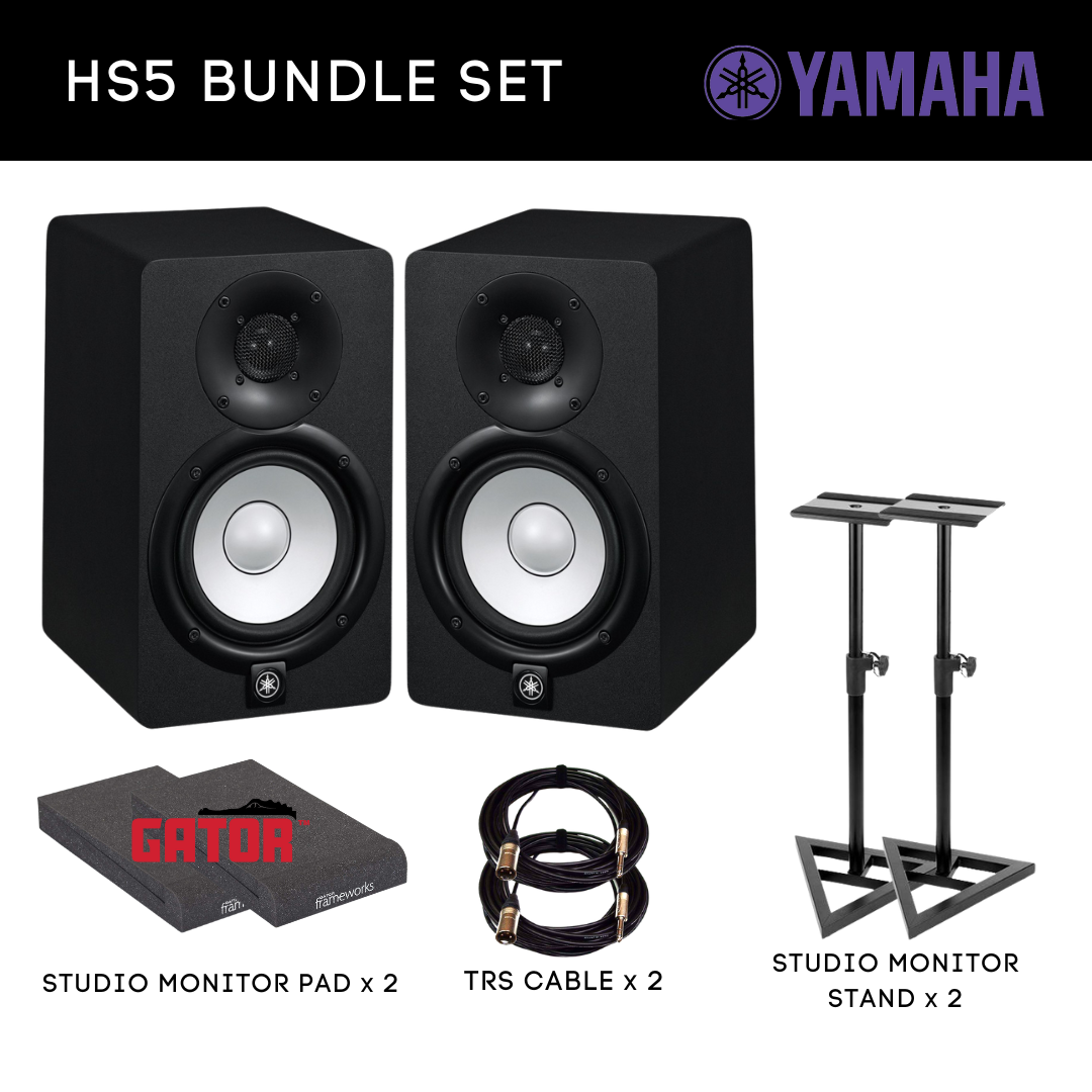 Yamaha HS5 Powered Studio Monitor SET, with Studio Monitor Stands, Gator Isolation Pads and Cables - Black (Pair)