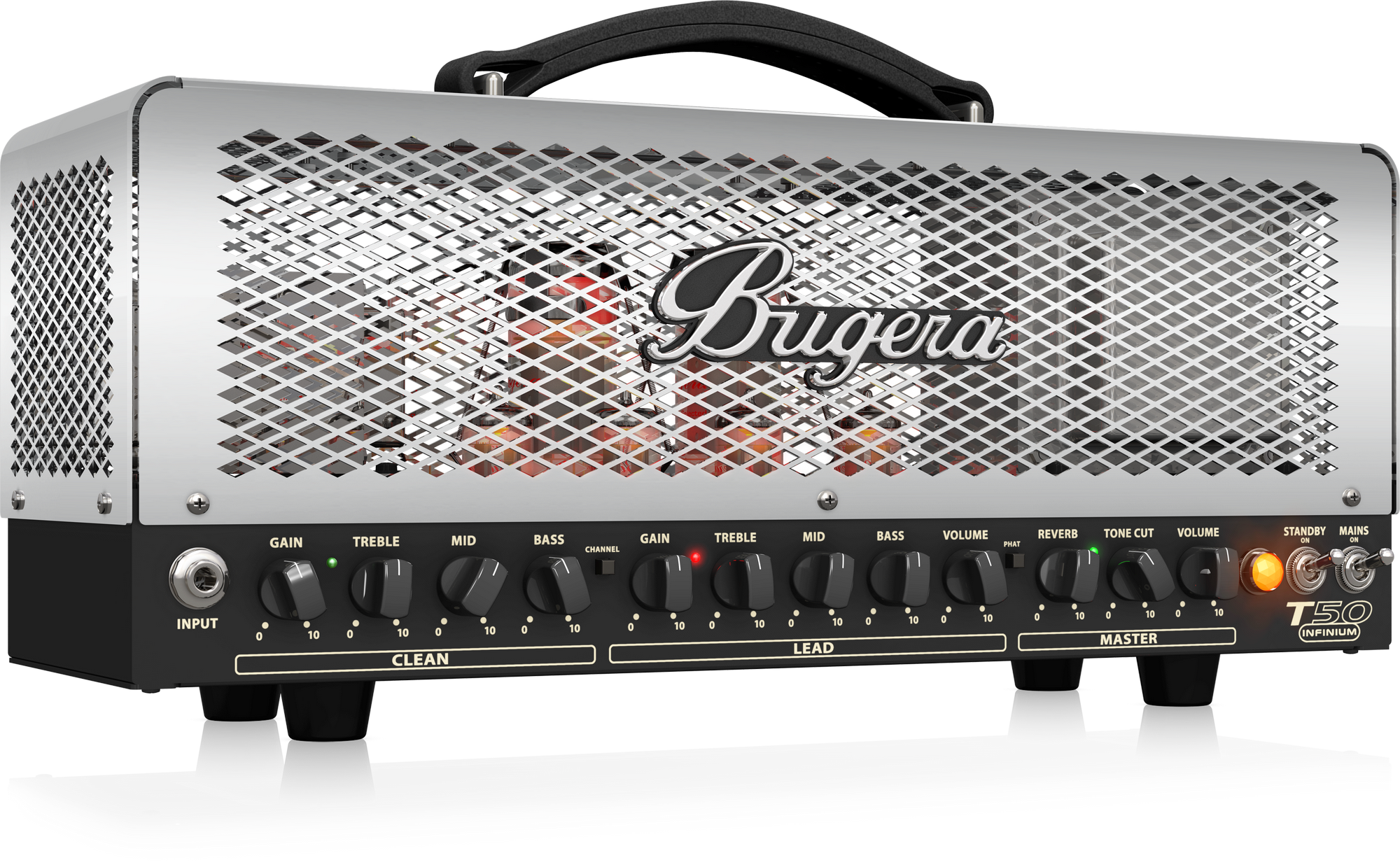 BUGERA T50 INFINIUM 50-WATT CAGE-STYLE 2-CHANNEL TUBE AMPLIFIER HEAD WITH INFINIUM TUBE LIFE MULTIPLIER, MULTI-CLASS A/AB OPERATION AND REVERB | BUGERA , Zoso Music