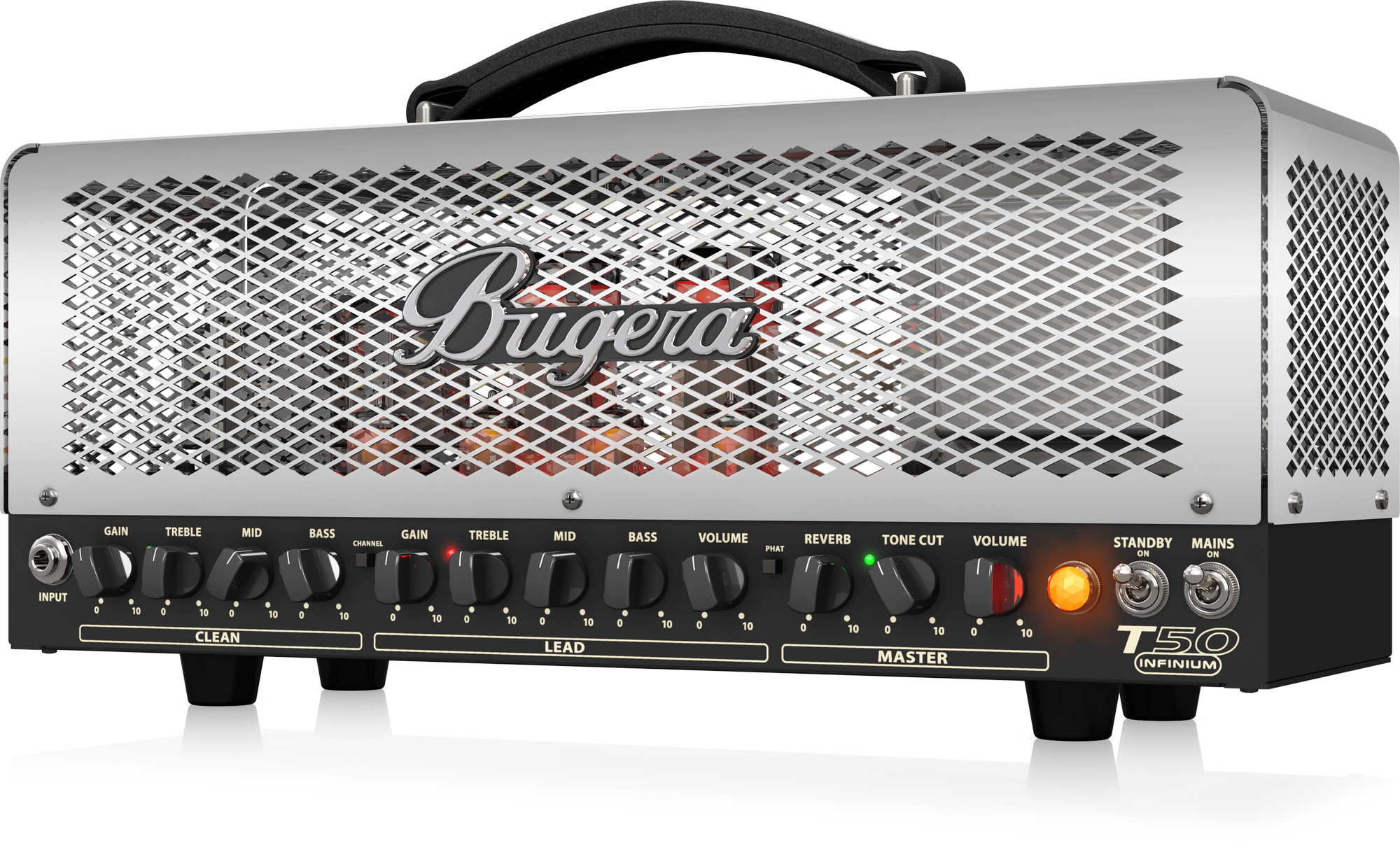 BUGERA T50 INFINIUM 50-WATT CAGE-STYLE 2-CHANNEL TUBE AMPLIFIER HEAD WITH INFINIUM TUBE LIFE MULTIPLIER, MULTI-CLASS A/AB OPERATION AND REVERB | BUGERA , Zoso Music