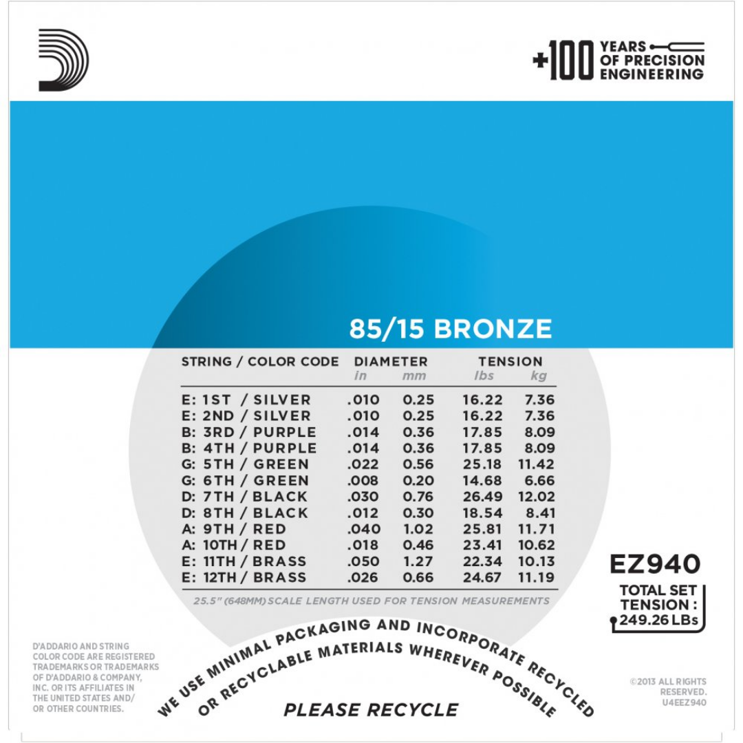 D'ADDARIO EZ940 12-STRING 85/15 BRONZE ACOUSTIC GUITAR STRING 10-50 | D'ADDARIO , Zoso Music