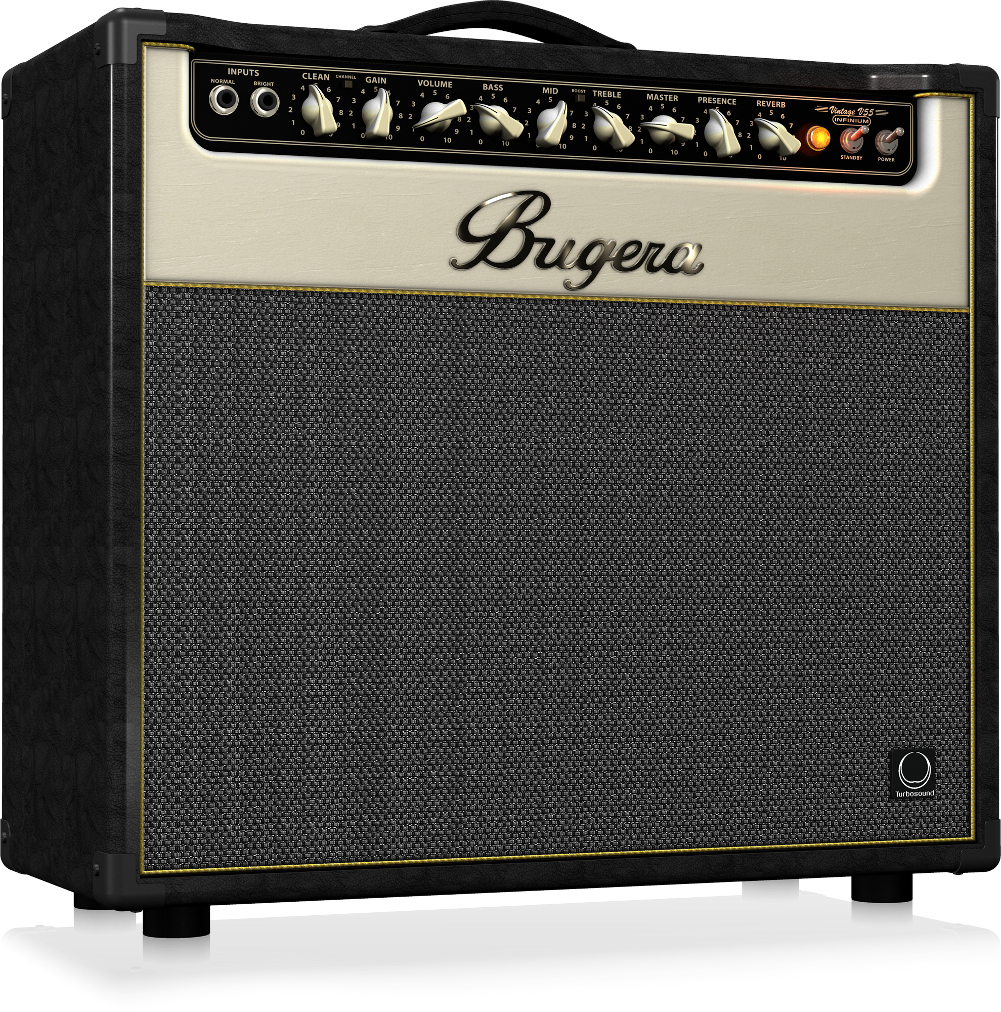 BUGERA V55 INFINIUM 55-WATT VINTAGE 2-CHANNEL TUBE COMBO WITH INFINIUM TUBE LIFE MULTIPLIER, ORIGINAL TURBOSOUND SPEAKER AND REVERB | BUGERA , Zoso Music