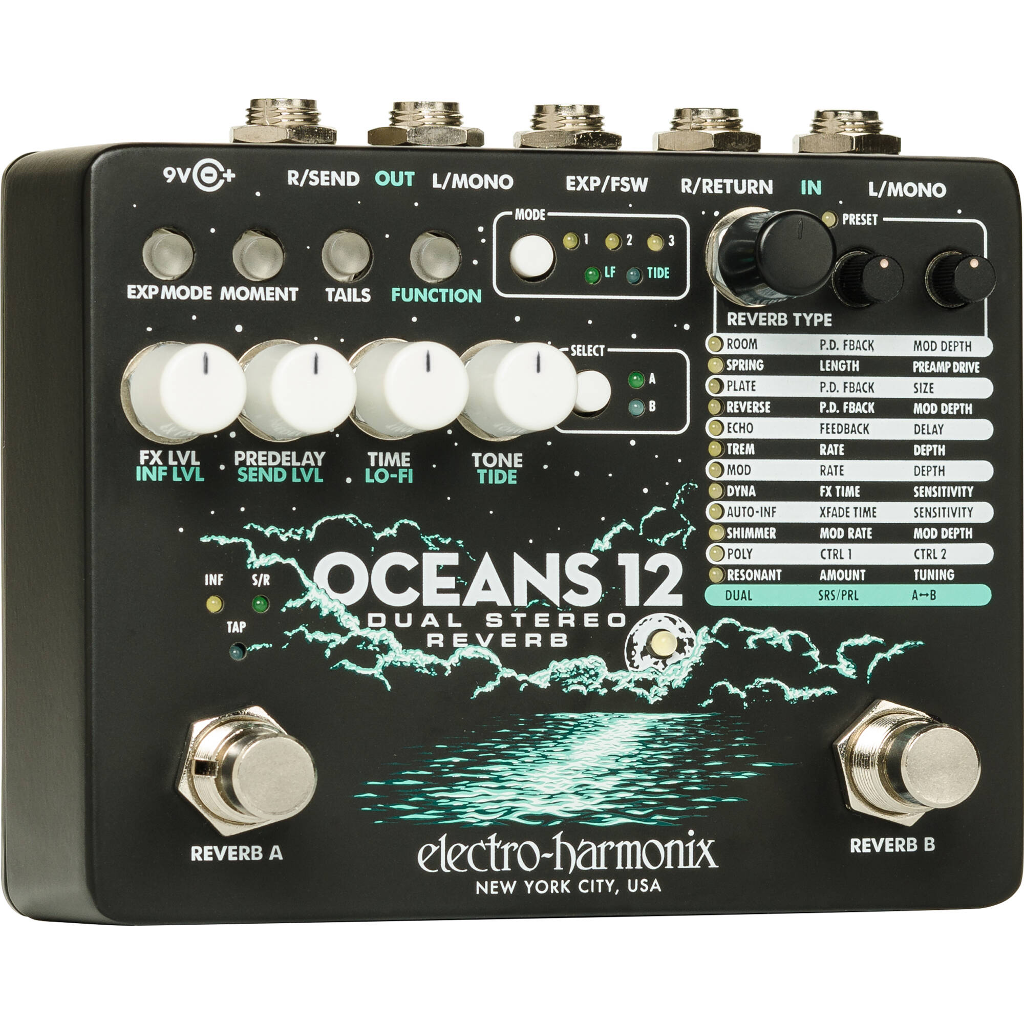 Electro-Harmonix Oceans 12 Dual Stereo Reverb Guitar Effects Pedal | ELECTRO-HARMONIX , Zoso Music