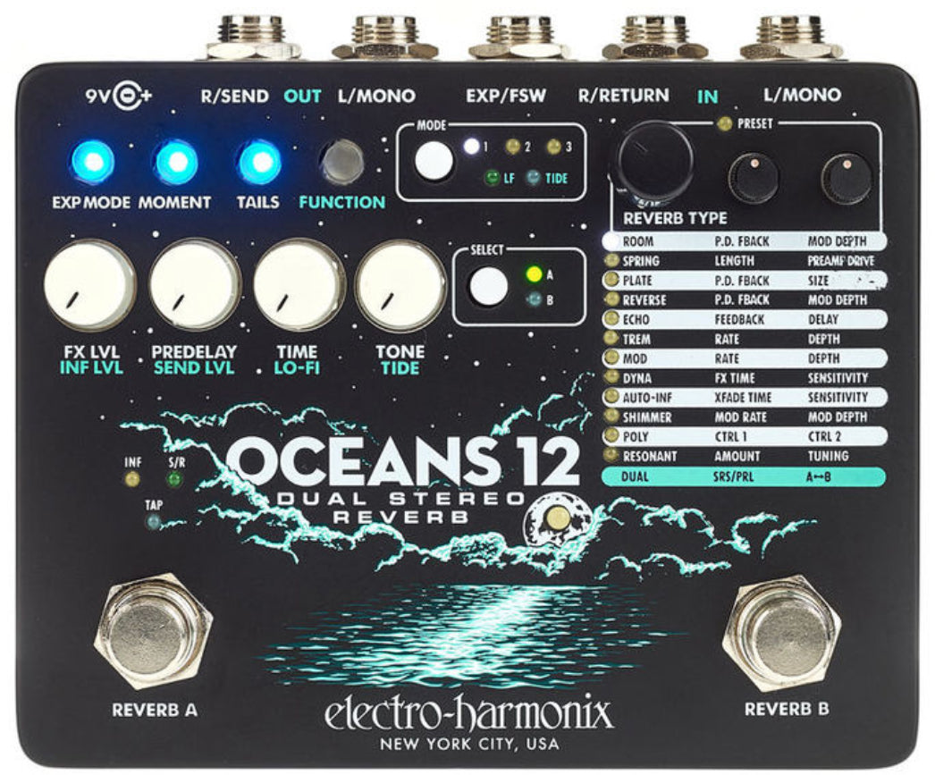 Electro-Harmonix Oceans 12 Dual Stereo Reverb Guitar Effects Pedal | ELECTRO-HARMONIX , Zoso Music