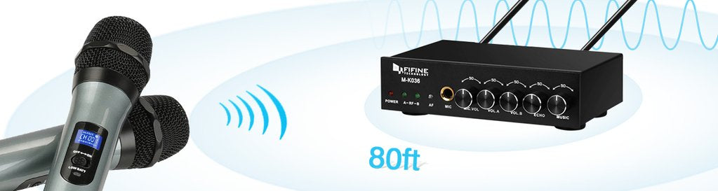 FIFINE K036 UHF DUAL CHANNEL WIRELESS HANDHELD MICROPHONE SYSTEM VOCAL MIC 2 HANDHELD, FIFINE, WIRELESS MICROPHONE SYSTEM, fifine-wireless-microphone-system-k036, ZOSO MUSIC SDN BHD